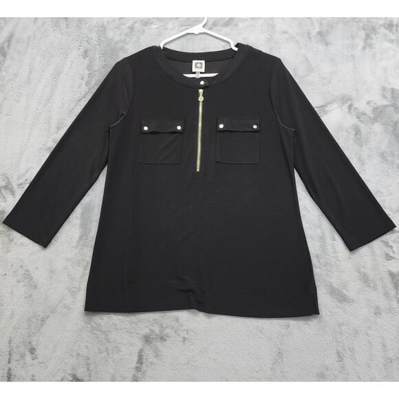 Anne Klein Top Womens S Black Pullover Zip Neck 3/4 Sleeve Stretch Pocket Office - Picture 1 of 9